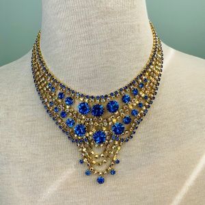 Vintage ROYAL BLUE & GOLD color Rhinestone NECKLACE / Stunning Statement